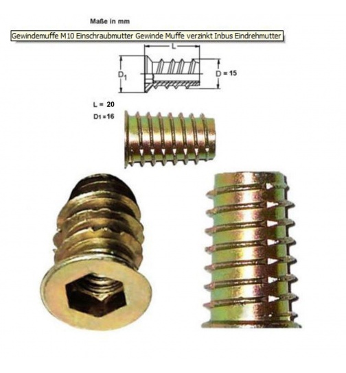Gewindemuffe mit Holzgewinde Gre M10