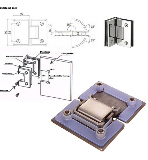 2x Trscharnier Chrom Glastr Scharniere 180 Grad...